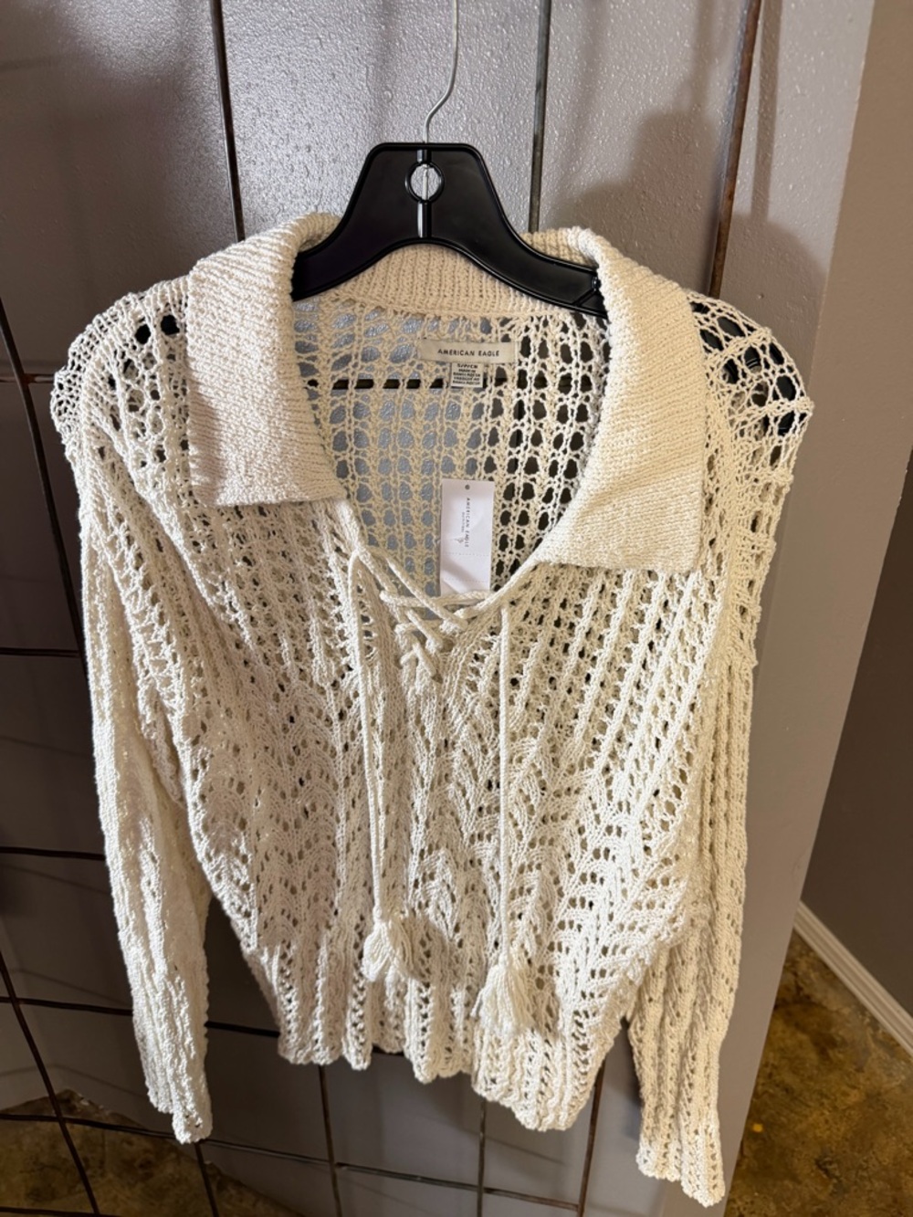 American Eagle Outfitters Cream Open-Knit Lace-Up V-Neck Sweater